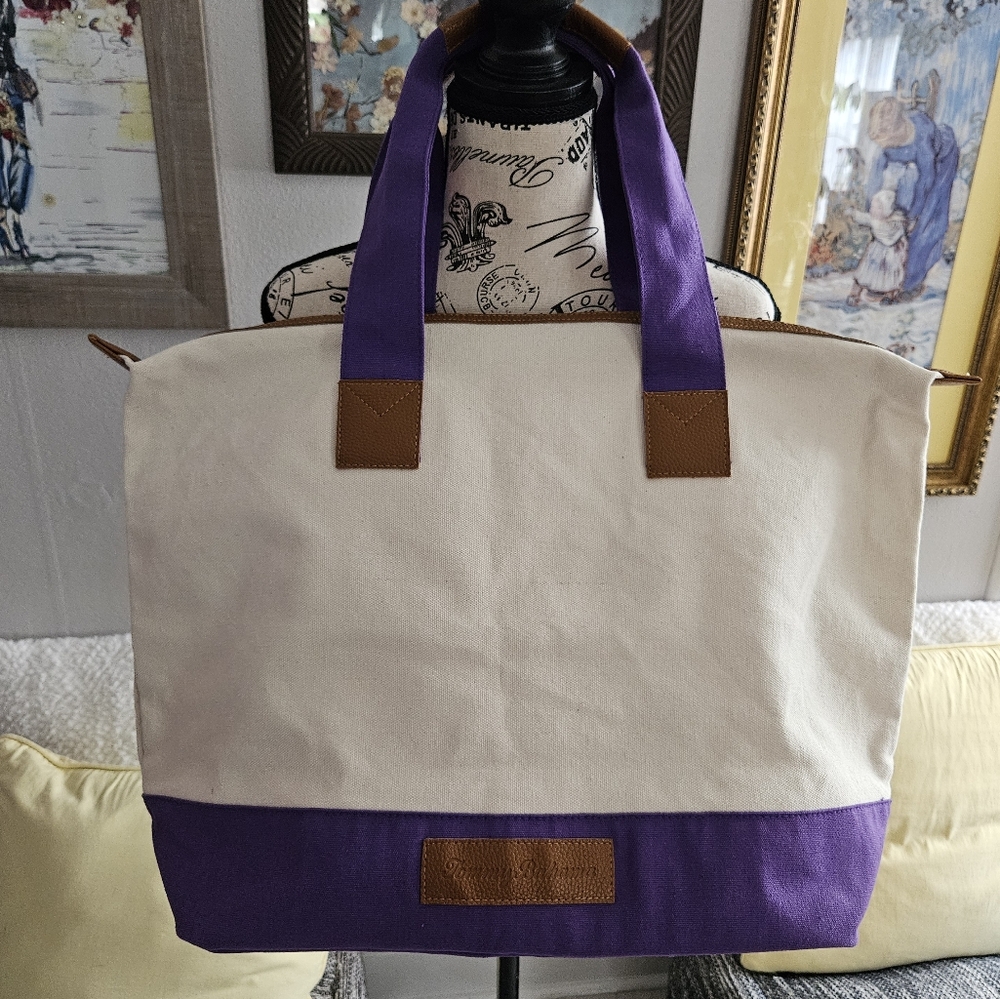 New Tommy Bahama Purple and Cream Canvas And Leather Tote Bag